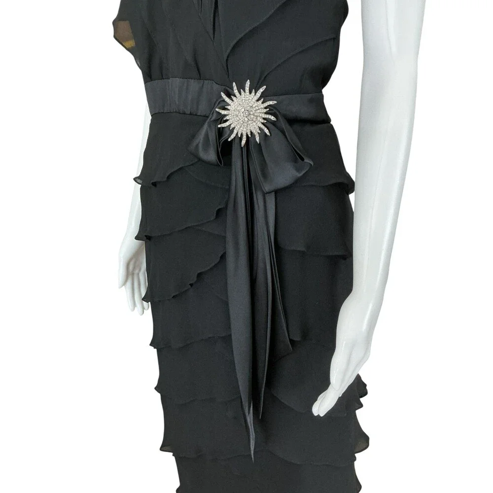 VTG Tadashi Shoji Silk Chiffon Maxi Dress Size 10 Black Halter Open Back Tiered